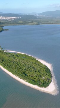 Florian&oacute;polis, Daniela Beach. Aerial View of Tropical Coastline. Establishing Shot. Santa Catarina, Brazil.