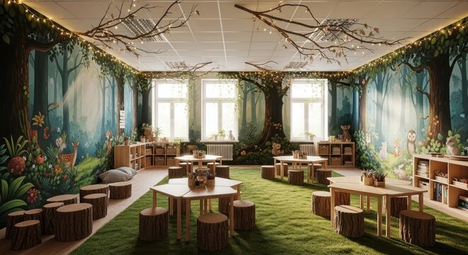 Classroom interior featuring forest mural tables and stools creative learning space