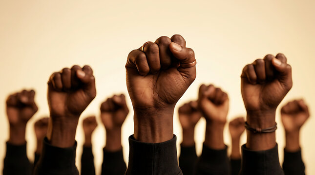 Group of raised fists in solidarity and protest