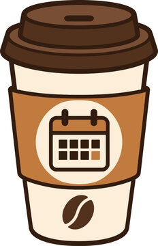 Takeaway coffee cup with calendar icon and roasted bean graphic for office morning break schedules.