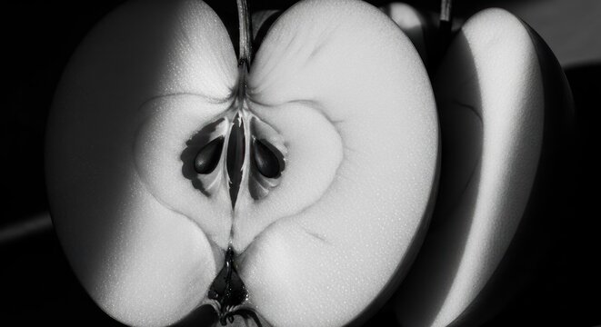 Close up black and white image of sliced apple revealing seeds and texture