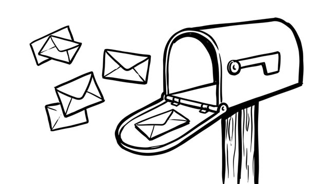 Hand drawn sketch of an open mailbox with flying envelopes on a white background, perfect for communication marketing, postal service promotion and newsletter design