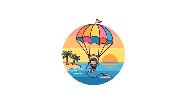 Parasailing character over ocean during golden sunset icon.