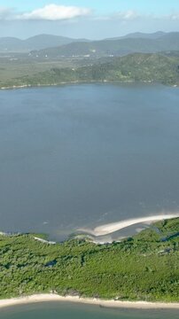 Florian&oacute;polis, Daniela Beach. Aerial View of Tropical Coastline. Establishing Shot. Santa Catarina, Brazil.