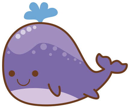 Cute purple whale spouting water cartoon character smiling happily in ocean life