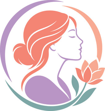 Minimalist woman profile silhouette with coral hair and purple dress holding stylized pink flower.