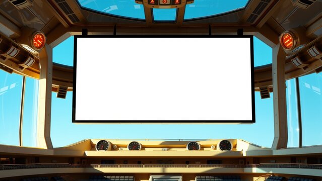 Cockpit interior view. Bright screen dominates space. Gauges, windows suggest flight simulation or vehicle control. Futuristic design elements present.