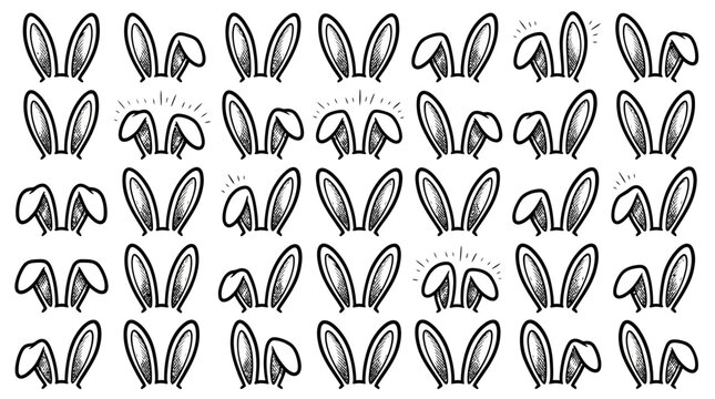 Large collection of hand drawn rabbit and bunny ears sketches in doodle style on white background, perfect for Easter greeting cards, festive decorations and creative graphic design projects