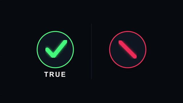 True checkmark and false cross animation video clip displaying digital binary state choices in a minimalist interface design featuring neon glowing green and red lighting against a dark black backgrou