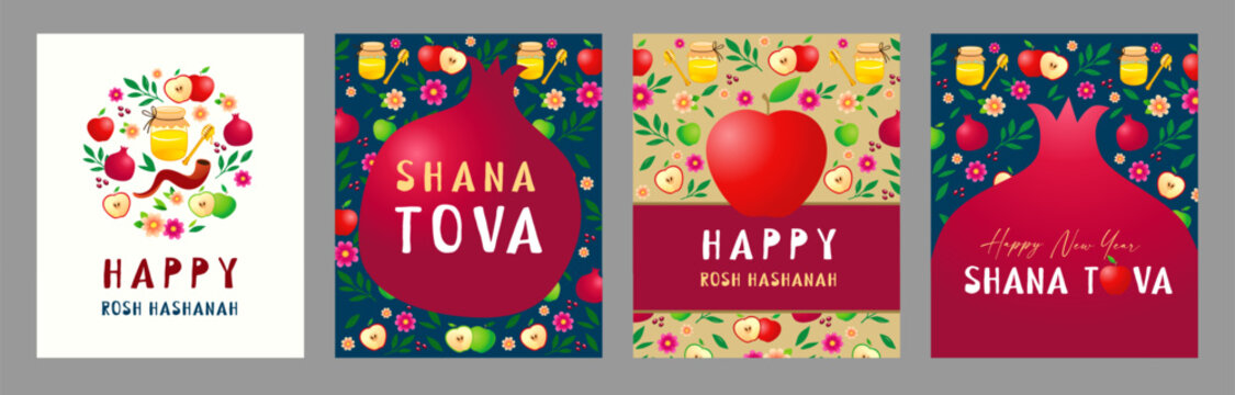 Shana Tova greeting cards set 2026 with apple, pomegranate and honey pattern. Happy Rosh Hashanah 5787,  A good and sweet year - banners design with holiday pattern