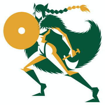 Dynamic two-tone vector silhouette of an agile elven shieldmaiden with a braided ponytail, brandishing a round shield and a battle axe.