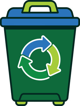 Green waste sorting bin illustration featuring colorful circular recycling arrows on front panel.