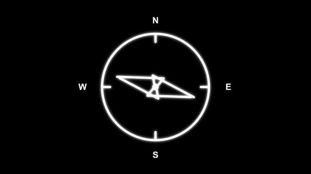 Clock hands spinning rapidly into magnetic compass needle motion animation within a glowing circular white interface design against a solid black background creating a minimalist navigation concept fo
