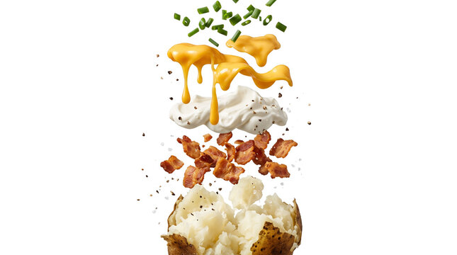 Deconstructed loaded baked potato with flying toppings including bacon sour cream cheese and chives.