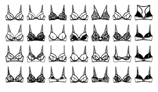 Mesh Lace Cup Push Up Bra Technical Flat Fashion Sketch Beige Vector Set