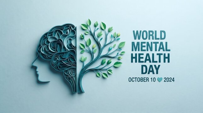 World mental health day concept design showing human head brain and tree split graphic with wellness