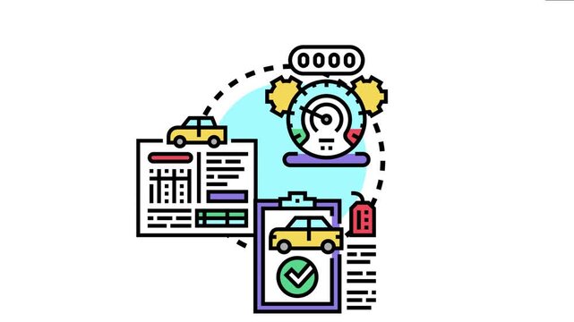 Car service mileage verification concept developing, vehicle maintenance records with odometer readings and checklist documents for automotive inspection