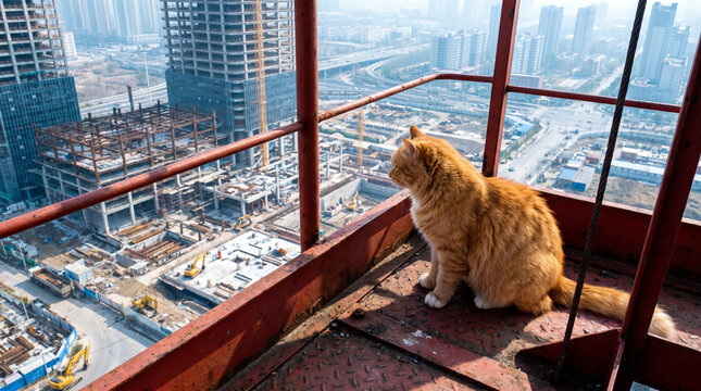 View of Orange Cat Sitting on Top of Construction Crane