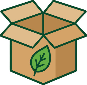 Cardboard shipping box with green leaf print on front panel symbolizing eco friendly packaging.