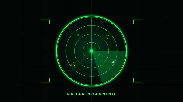 Radar interface showing glowing green circular motion scanning targets across the dark tactical display screen grid in this digital animation video footage captured with high contrast visual elements 
