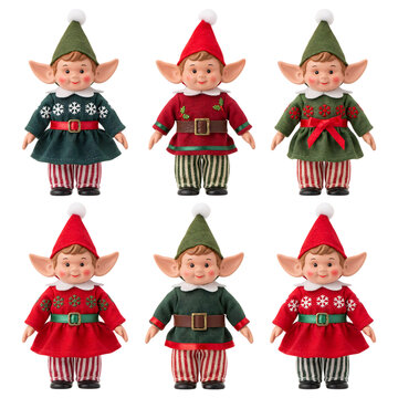 Collection of six vintage christmas elf dolls in traditional festive outfits with hats christmas decoration collectible traditional clothing snowflakes multiple arrangement isolated