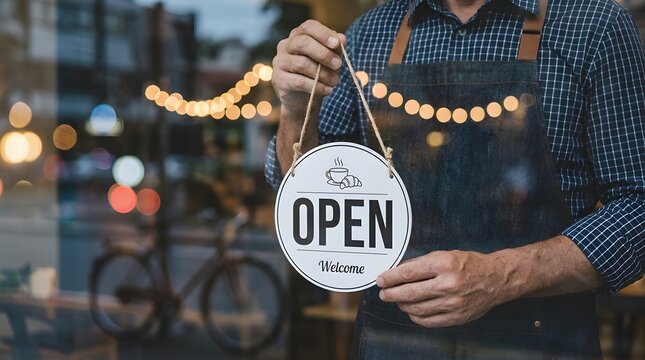 A shop owner proudly holds an open sign on the front window to welcome customers to his local business