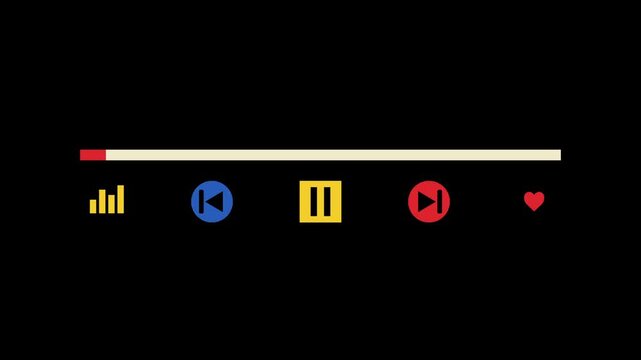 Bauhaus-style music player interface with red progress bar advancing across frames. Primary color geometric controls include pause, skip, and heart icons on black. Retro UI animation for media apps.