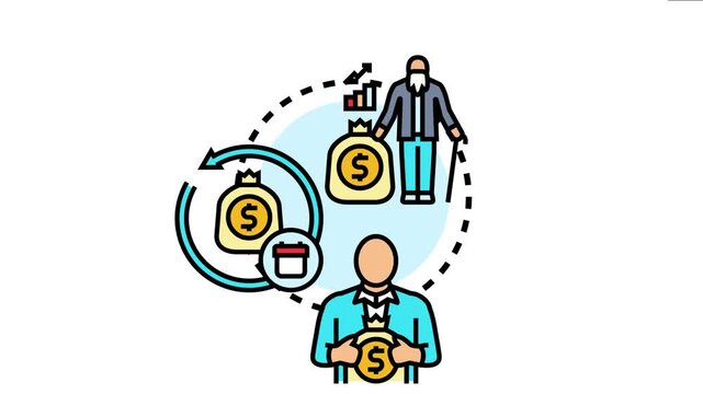 Businessman and senior man managing investments, receiving regular income, and planning for retirement funds, visualizing financial growth and secure future