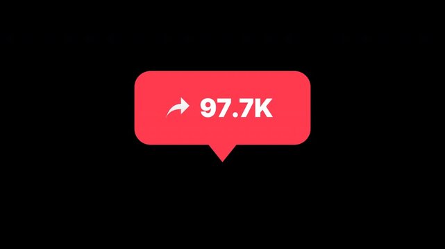  Share counter animation red speech bubble with arrow icon and number counting from 1 to 100K for social media
