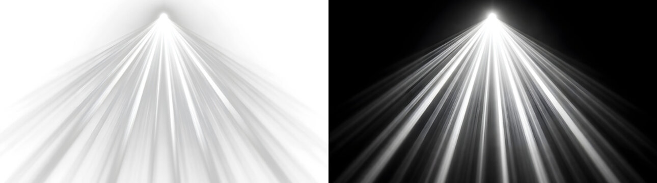 White light rays and spotlight beam effect. Glowing searchlight projection with transparent background. Sunbeam and laser flares graphic asset