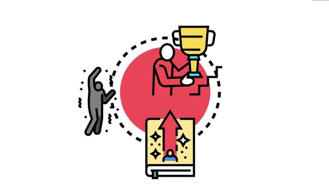 Individual reaching success and celebrating accomplishments while developing personal skills and growing potential through learning and self improvement journey