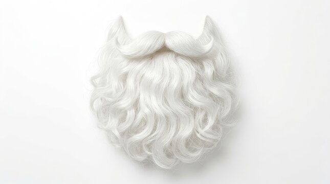 A white, synthetic Santa Claus beard is displayed against a white background. The beard is long, curly, and white, resembling traditional Santa's beard.