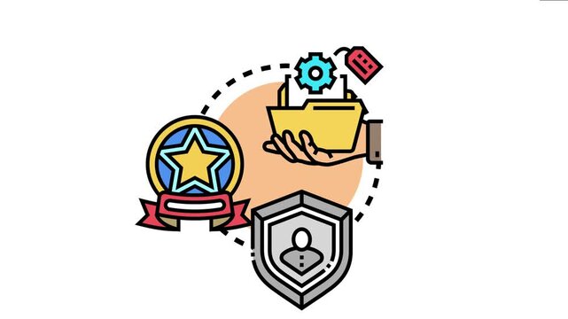 Illustrating concepts of achieving professional success through employee recognition, earning awards for performance, and managing secure personal data