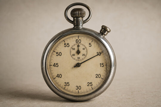 Vintage metallic analog stopwatch displays elapsed time with precision scale marks and classic circular design elements for sports timing activities 