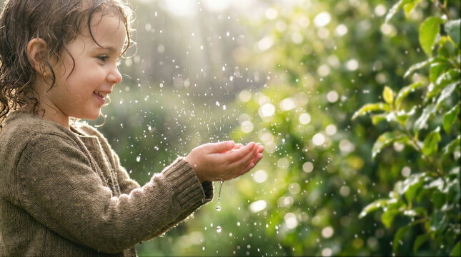 Young child smiling, cupping hands to catch water droplets in outdoor garden, concept of childhood joy and nature.
