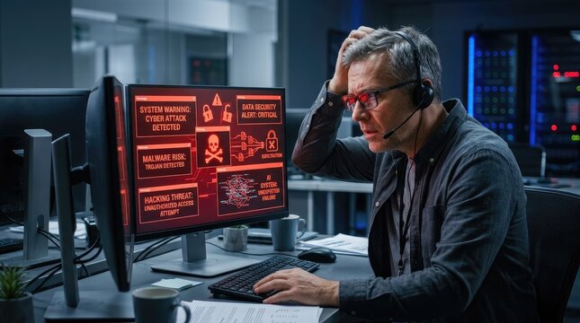 A stressed man in glasses monitors a computer screen displaying alarming cybersecurity alerts. He sits at a desk in a dimly lit server room, wearing a headset and looking concerned.