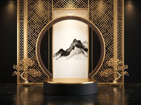 Elegant Chinese-inspired display with gold accents and mountain artwork