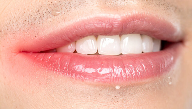 Close-up of Luscious Lips with Droplet: An intimate close-up showcases perfect, glossy lips with a hint of moisture and a single droplet, exuding sensuality and allure.