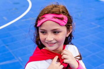 Smiling Caucasian girl in pink mask and cape on blue sports court © Rawpixel.com