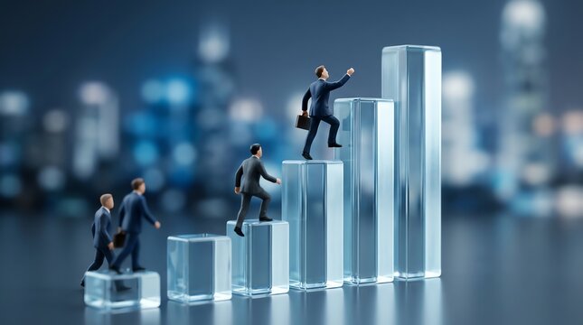 Businessmen climbing transparent glass bar graph steps towards success and growth