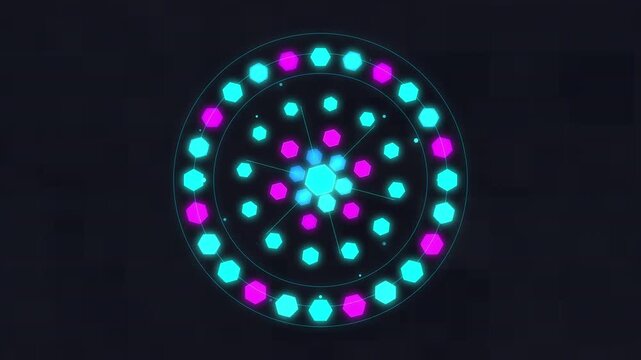 Animated 3d torus loop with hexagonal segments and central sphere in neon blue and pink