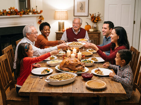 Happy multi-ethnic family celebrating Thanksgiving together, sharing traditional turkey dinner at home in a warm dining room setting