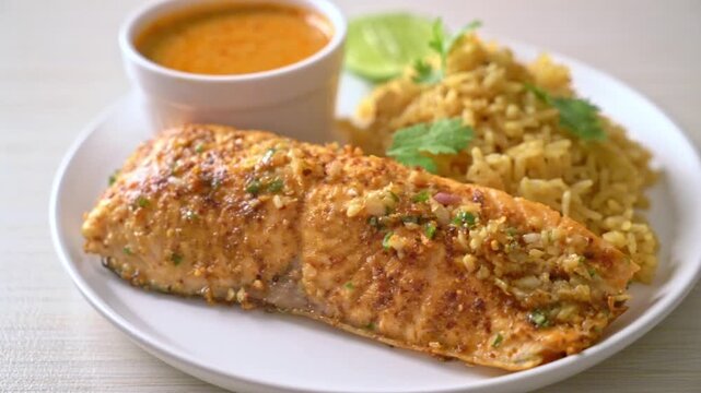 Grilled salmon steak with garlic and rice served with spicy sauce on white plate.