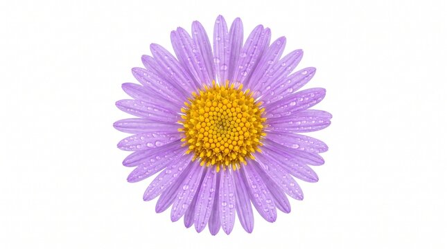 Beautiful purple aster flower with a bright yellow center on white background