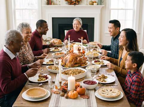 Multi-ethnic family celebrating Thanksgiving dinner together around a bountiful holiday table loaded with turkey, pie, and festive food in a warm, cozy dining room.