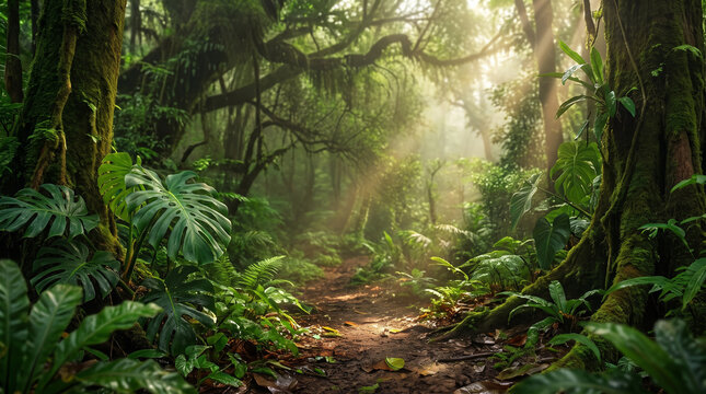 Tropical Jungle Path with Sunlight Rays and Monstera Foliage