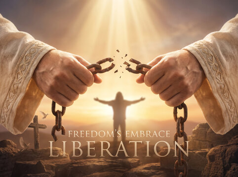Divine hands breaking chains of bondage with heavenly light illuminating a silhouette of a free person in a conceptual image of liberation, freedom, and spiritual redemption