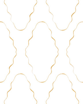 Hand painted watercolor seamless pattern of thin wavy lines forming abstract scalloped arch and oval shapes in warm golden ochre and tan tones minimalist ornamental repeat on isolated white background