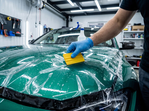 Professional technician applying paint protection film to a green car hood in a modern automotive detailing shop