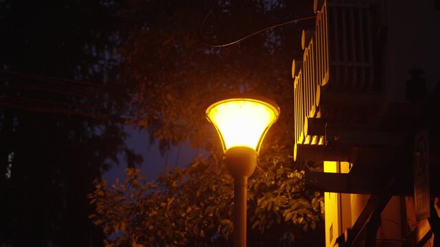 Glowing Street Lamp and Power Transformer at Blue Hour